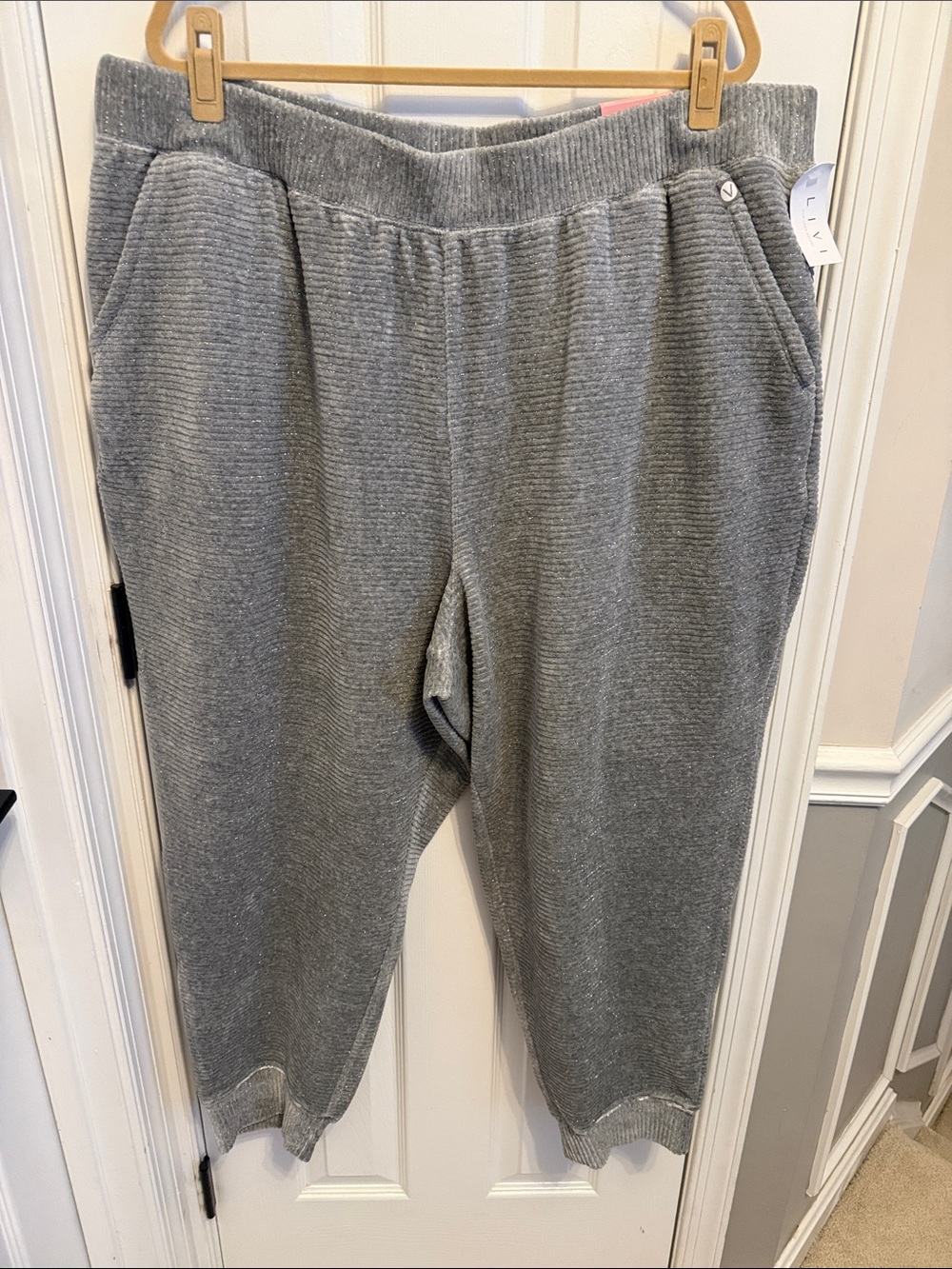 LIVI Silver Metallic Stripe Velvet Jogger NWT Sz 26/28